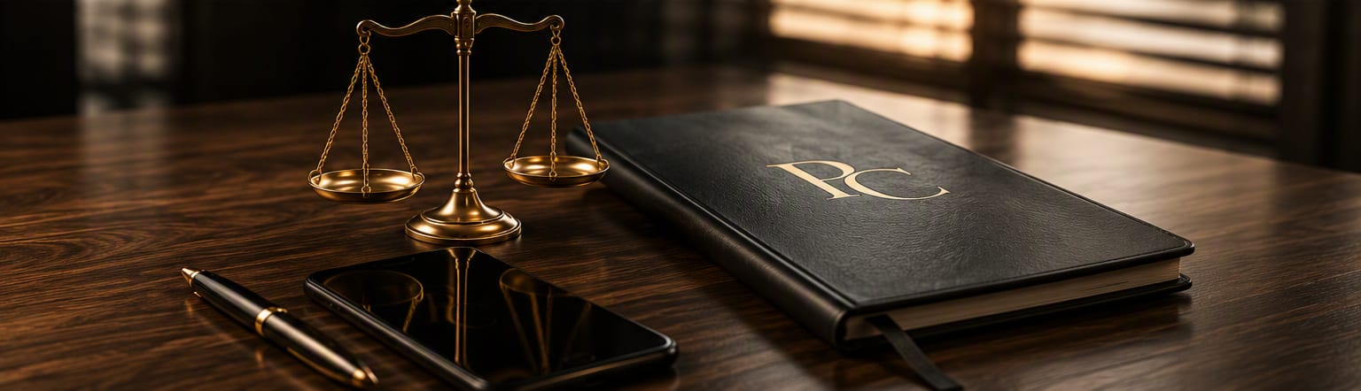 Balança da justiça, caneta e caderno sobre a mesa do escritório